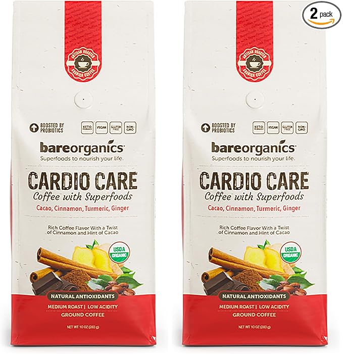 Cardio Care Organic Ground Bagged Coffee – Probiotic Coffee with Cacao Ginger Turmeric &amp Cinnamon – Healthy Superfood Mold Free Vegan Gluten Free - 10 oz (Pack of 2)