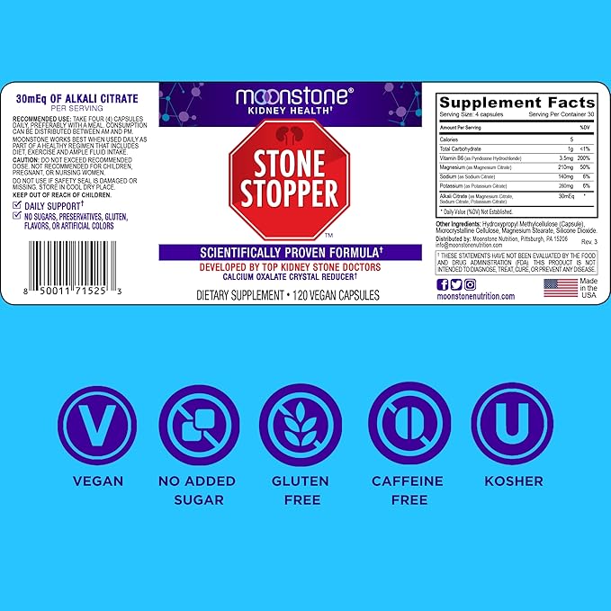 Moonstone Stone Stopper Capsules Kidney Stone Prevention Calcium Oxalate Protector Alkali Citrate Support Supplement Developed by Urologists to Support Kidney Health 6 Month Supply