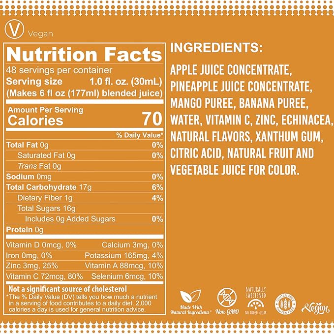 Fruniti Mango Smoothie Mix - Immunity + Antioxidants - No Sugar Added - Vitamin C Zinc &amp Echinacea - Pineapple Apple Banana Mango Purée - Makes 24 Smoothies