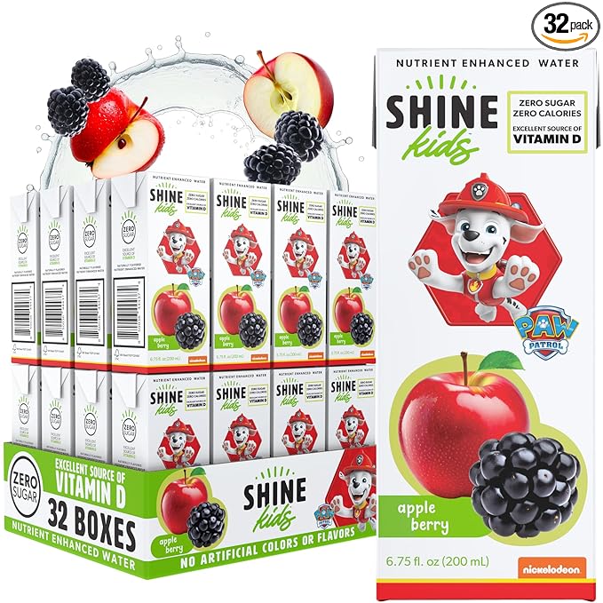 Shine Water x Paw Patrol Apple Berry Juice Boxes with Vitamin D 32-Pack | No Added Sugar | Naturally Flavored Drinks for Kids | Vegan Gluten Free Zero Calorie Hydration