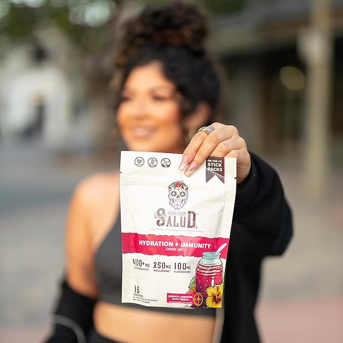 Salud 2-in-1 Hydration Packets + Immunity Electrolytes Powder Hibiscus - Jamaica Agua Fresca Drink Mix Elderberry Dairy &amp Soy Free Non-GMO Gluten Free Vegan Low Calorie 1g Sugar (15 Servin