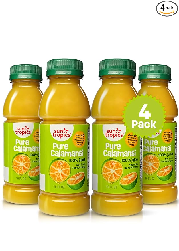 Sun Tropics Pure Calamansi 100% Juice - 4 Pack 10 Oz Each | 100% Pure Not From Concentrate | Refreshing Citrus Juice for Drinks Cocktails Cooking &amp More | No Sugar No Preservatives