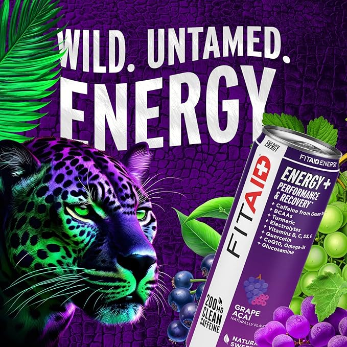 LIFEAID FITAID Energy Grape AÇAI 200mg Natural Caffeine Keto Pre-Workout Performance: BCAAs Quercetin Electrolytes Omega-3s 15 Calories Paleo Vegan &amp Gluten-Free 12-oz (Pack of 12)