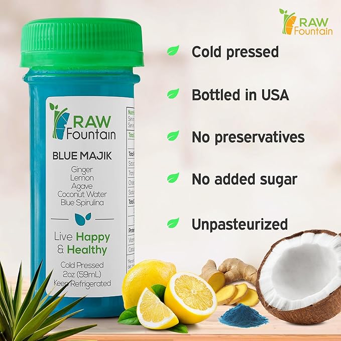 20 Immunity Shots w/Blue Spirulina Agave Lemon Ginger 2fl Oz Packed w/Vitamin C Raw Cold Pressed Unpasteurized Boosts Immunity All Natural No Artificial Flavors or Preservatives