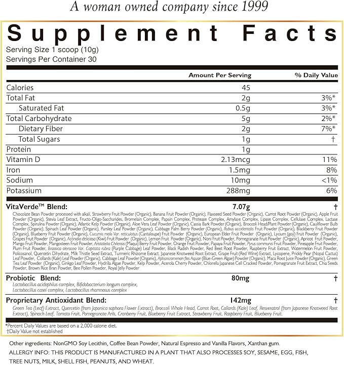 Coco March VitaVerde Green Juice Powder 50 Superfoods Enzymes &amp Probiotics- Espresso Flavor Organic Plants - Vegan Paleo Friendly Dairy Free Keto Friendly GMO Free 10.58 oz 300 g