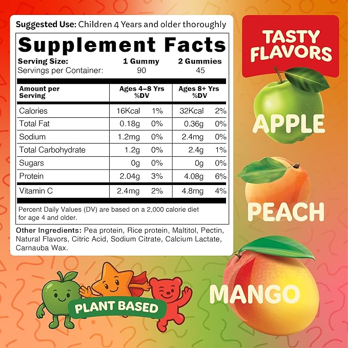 Bear Bites Gummies-Plant Based Kids Protein Gummy– Vegan Sugar-Free Gluten-Free Vitamin C – Immunity Booster Protein Snacks –Tasty Apple Peach Mango Flavors –90 Count –No Artificial Flavors