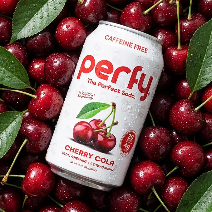 PERFY Caffeine Free Cherry Cola Soda | Made With Real Juice – Low Sugar Nootropic Drink with L-Theanine + Ashwagandha | Calming Adaptogen Mocktail | Keto | Sweetened with Stevia &amp Monk Fruit | 12-