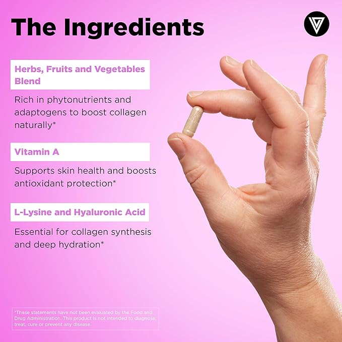 Vital Vitamins Vegan Collagen Booster - with Silica and Hyaluronic Acid - Plant-Based Collagen Supplements - Supports Hair Skin Nails &amp Joints - 60 Capsules