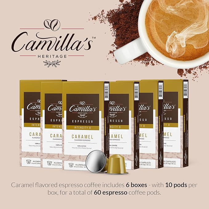 Camilla’s Heritage - Intensity 8 Caramel Flavored Espresso Coffee Gourmet Espresso Cups 60 Coffee Pods