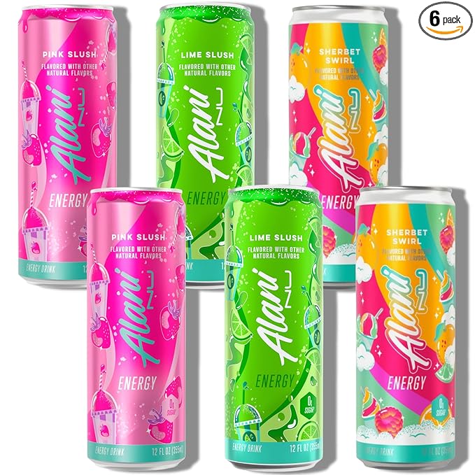 New Alani Energy Drinks Lime Slush Sherbet Slush Pink Slush - Limited Edition Flavors - Variety Pack Sugar-Free Low-Calorie 200mg Caffeine Energy Boost Drink 12 fl oz (Pack of 6)