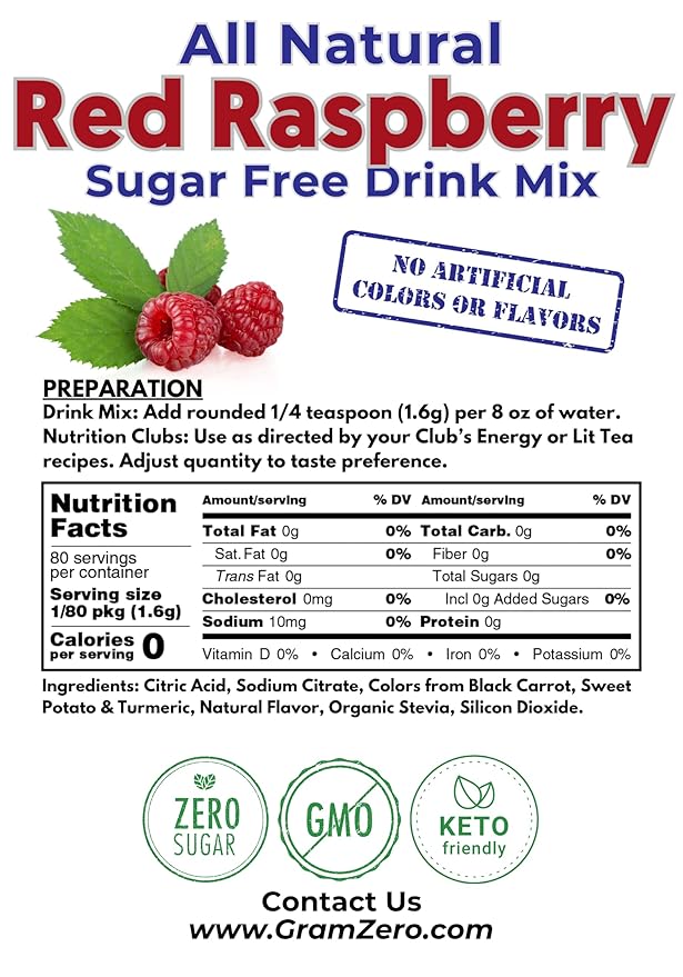 GramZero All Natural Red Raspberry Zero Calorie Sugar Free Drink Mix Great For Nutrition Club Loaded Tea Stevia Sweetened