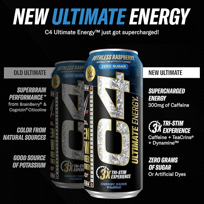 C4 Ultimate x WWE | 300mg Caffeine Sugar Free Energy Drink | Ruthless Raspberry| 16oz (Pack of 12)