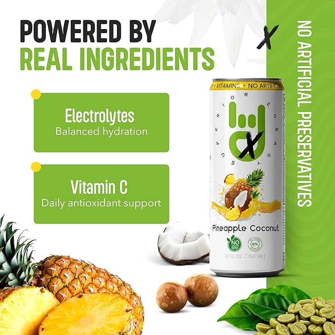 Superior Energy Electrolytes Drink Zero Calories – Energy Drink Zero Sugar – Pineapple Coconut Flavor 90mg Natural Caffeine – Pack of 12 (12 fl oz each)