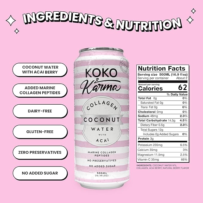 Koko &amp Karma - Collagen Coconut Water with Acai - Marine Collagen Peptides with No Preservatives and No Added Sugar - 12 Pack - 16.9 Ounce Cans