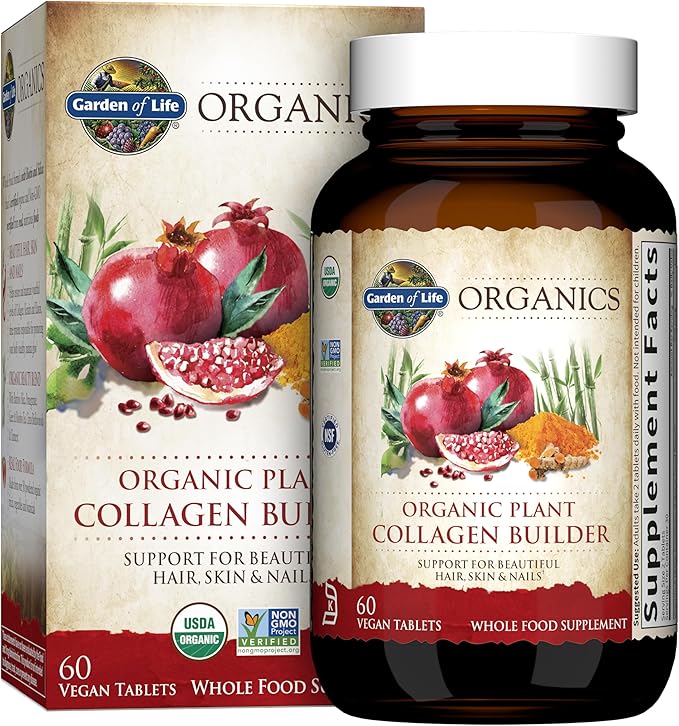 Garden of Life Organics Vegan Collagen Builder - Organic Plant Collagen Beauty Booster - Silica &amp Biotin for Hair Skin Nails and Joint Support – No Added Sugar 60 Tablets