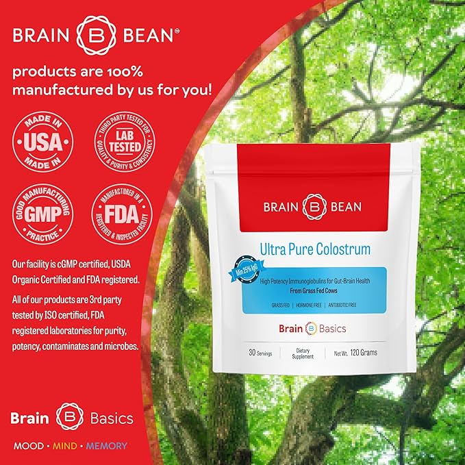 Brain Basics Ultra-Pure Colostrum 4000mg per Serving Min 25% IgG antibodies Gut-Brain-Immune Health Glowing Hair and Skin. Colostrum Powder from Grass-Fed Cows. 120 Grams - 30 Servings