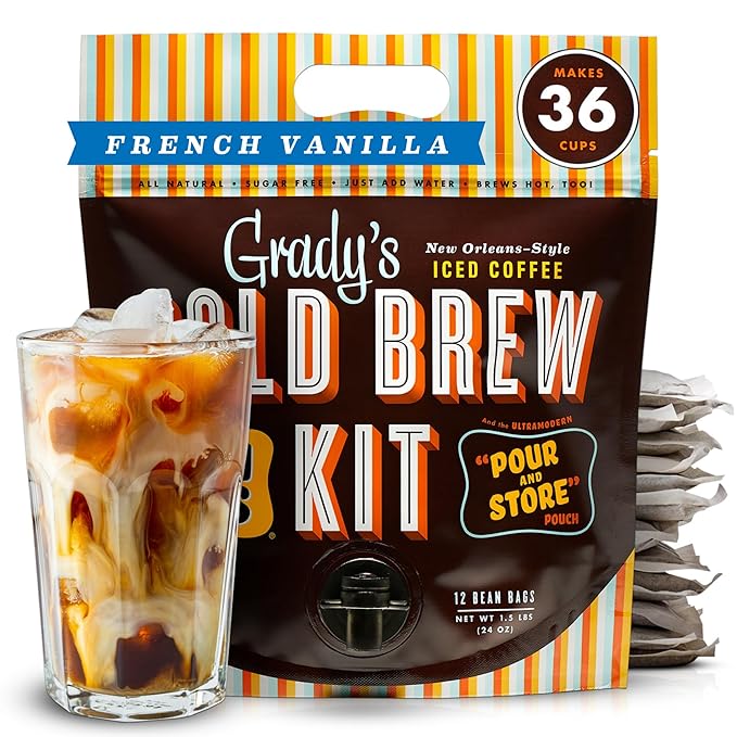 GRADY’S COLD BREW New Orleans Style &amp French Vanilla Bundle 100% Arabica Ground Coffee &amp Chicory Pouches 2 All-in-One Cold Brew Kits each with 12 Easy-to-Brew Beans Bags Make 72 drinks