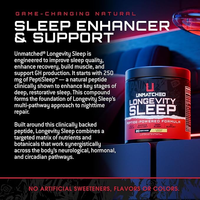 Unmatched Longevity Sleep | PeptiSleep Sleep &amp Recovery Formula with Melatonin Magnesium &amp Senactiv | Advanced Nighttime Support | 20 Servings (Lemon Drop)