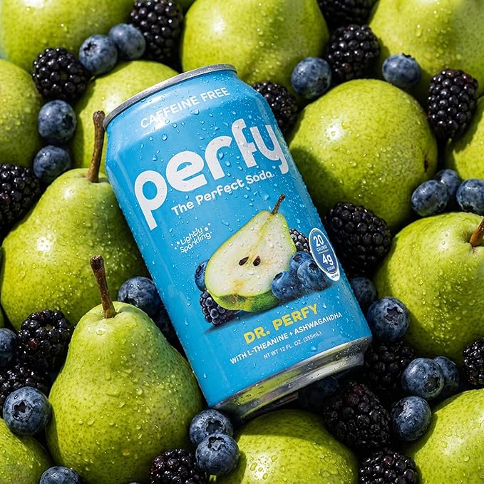 PERFY Caffeine Free Dr. Perfy Soda | Made With Real Fruit Juice - Low Sugar Nootropic Drink with L-Theanine + Ashwagandha | Calming Adaptogen Mocktail | Keto + GLP-1 Friendly | Sweetened with Stevia &