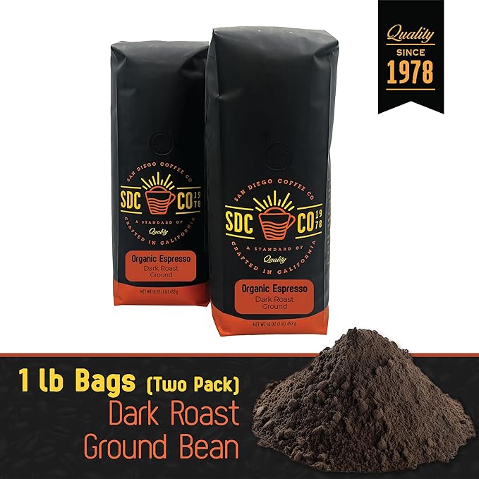 San Diego Coffee Organic Espresso Dark Roast Ground Coffee 16-Ounce Bags (Pack of 2) Café molido tostado