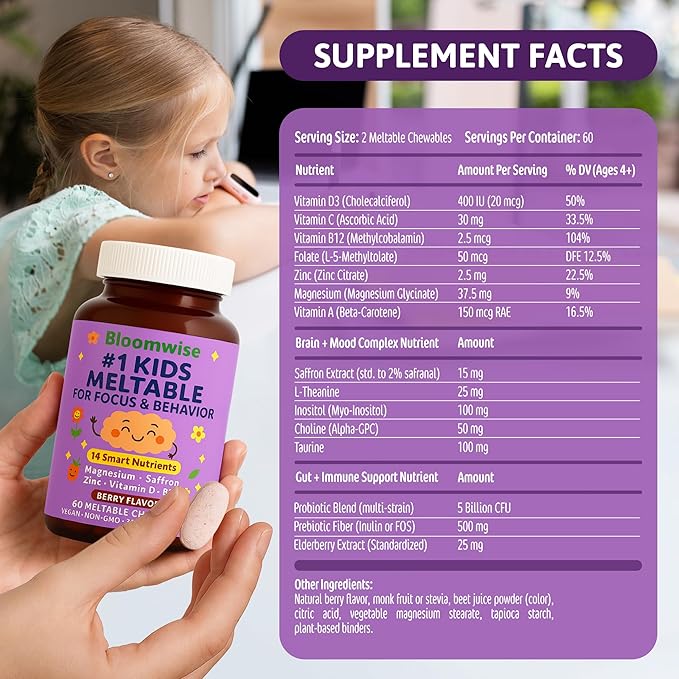 Bloomwise Kids Supplements for Focus &amp Calm 14-in-1 Brain Behavior Mood &amp Attention Support | Magnesium Saffron Zinc Vitamin D &amp B12 | Sugar-Free Vegan Berry Meltables 60 chewable Ta