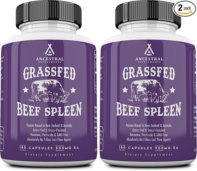 Ancestral Supplements Grass Fed Beef Spleen Supplement 3000mg Beef Organ Spleen Support Formula Promotes Digestive Immune Iron Energy and Allergy Health Non GMO 180 Capsules (Pack of 2)