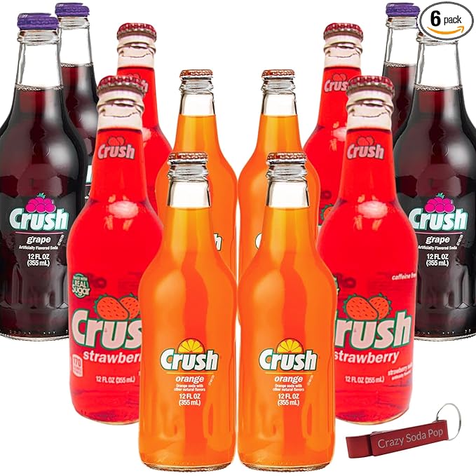 Crush Soda Variety Pack | Crush’s Most Popular Soda Flavors | Real Cane Sugar | Caffeine Free | 12 oz Glass Bottles with Crazy Soda Pop Bottle Opener (12 Pack)