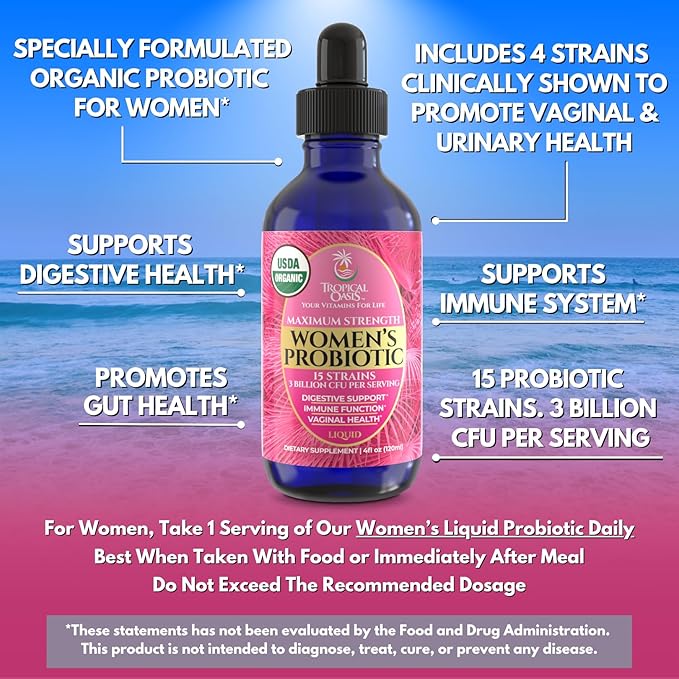 USDA Organic Liquid Probiotic for Women | PH Balance UT &amp Feminine Health | Digestive Support Immune &amp Gut Health | 15 Clinically Studied Strains | 98% Absorption | Vegan Non-GMO | 40 Serv