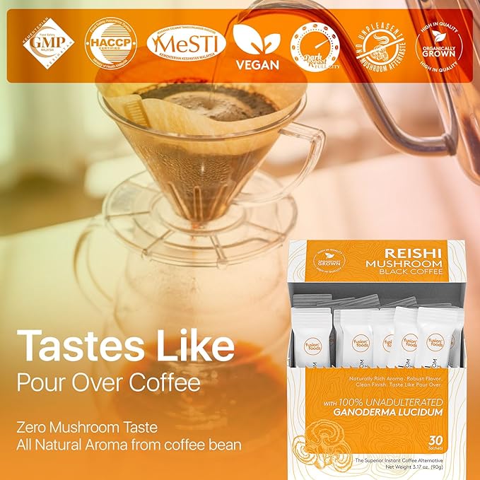 Reishi Mushroom Black Coffee by fusion foods™ | All Natural Unadulterated Reishi Mushroom Ganoderma | Robust Aroma &amp Taste - 30 counts