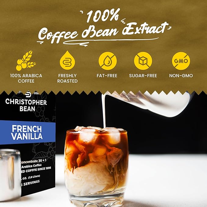 Christopher Bean Coffee - 396 servings 30 to 1 Blend Bag in Box Liquid Instant Coffee or Cold Brew Coffee Concentrate - Hot or Iced Coffee - French Vanilla