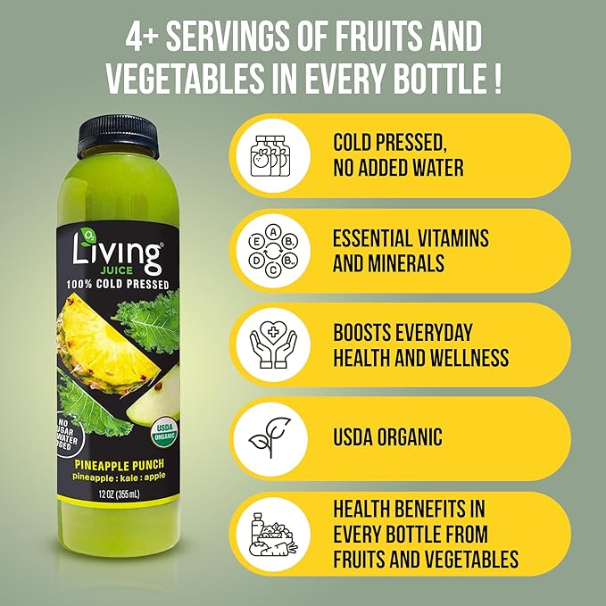 O2 Living Juice Cold Pressed Drink - Pineapple Punch Organic Juice Pack - No Added Sugars or Water Naturally Sweetened from Fruits Rich in Nutrients &amp Vitamins - Non-GMO - 12 fl oz - 12 Pack