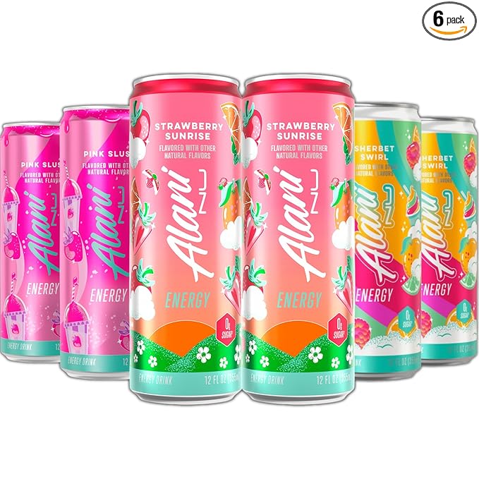 New Alani Energy Drinks Strawberry Sunrise Pink Slush Sherbet Swirl Flavors - Limited Edition Variety Pack-Sugar-Free Low-Calorie Energy Boost Drink 12 fl oz (Pack of 6)