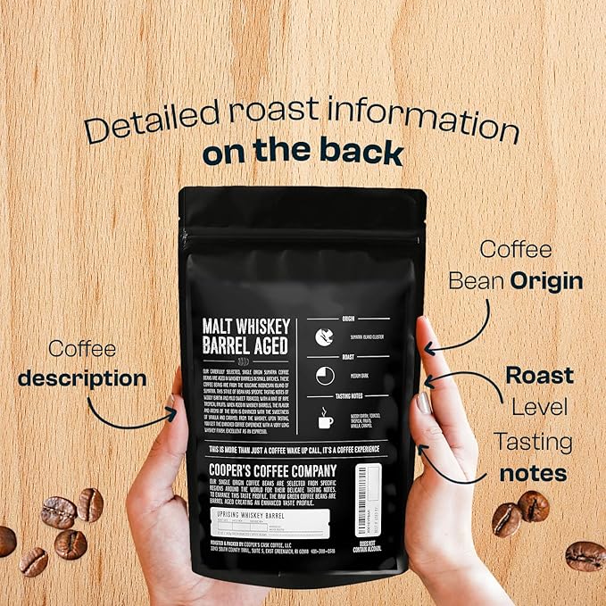 Whiskey Barrel Aged Coffee Single-Origin Sumatra Beans Aged in American Malt Whiskey Barrels Medium Dark Roast Whole Bean 12 oz