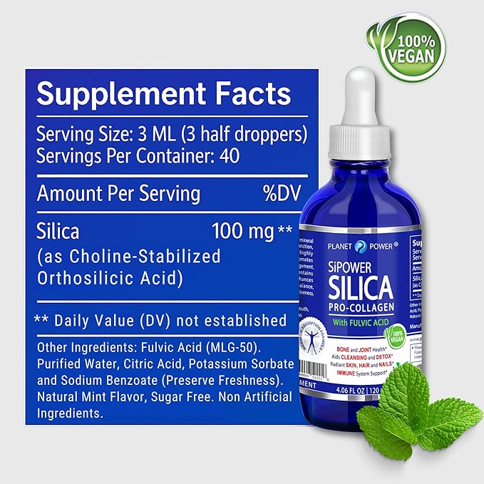 SiPower Silica Vegan Collagen Supplement Drops-Liquid Mineral Orthosilicic Acid (CH-OSA) + Fulvic Acid. Natural Collagen Booster for Joints Bones Hair Skin Nails Immune &amp Digestive Health-4o