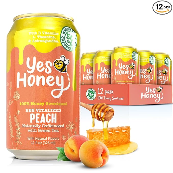 Yes Honey Sparkling Peach Tea 11oz (12-Cans) 100% Honey-Sweetened Alpha Gal Friendly Naturally Caffeinated with Green Tea with B Vitamins L-Theanine and Ashwagandha