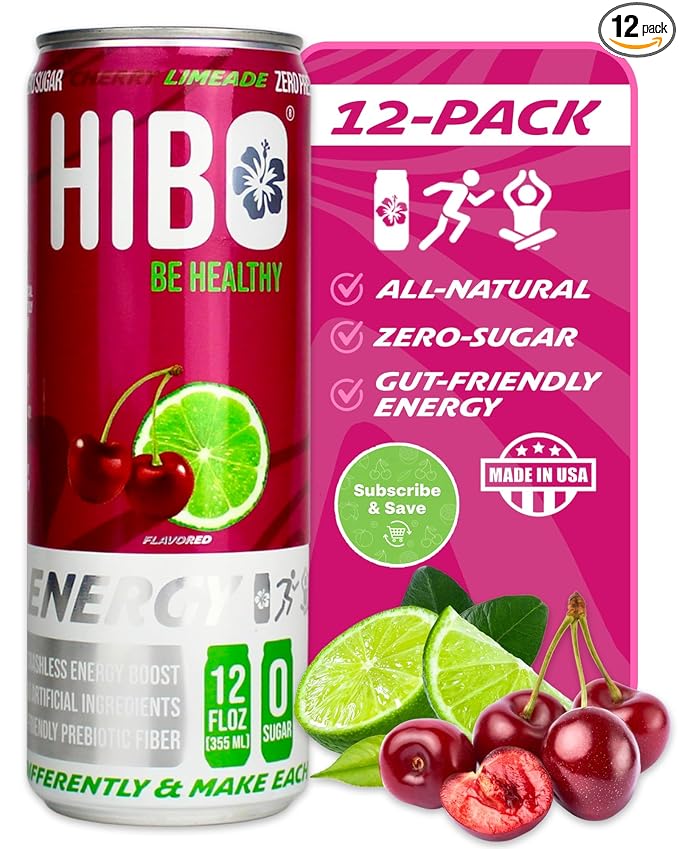 HIBO Healthy Energy Drinks Sugar Free – Gluten-Free &amp Gut-Friendly Prebiotic Fiber w/ 140mg Caffeine &amp 60mg Green Coffee Extract Electrolytes – Supports Immunity &amp Focus - Pack of 12 Che