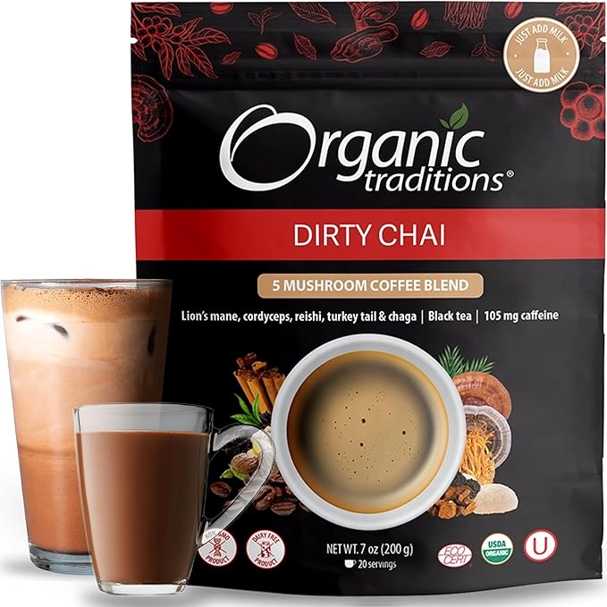 Organic Traditions Dirty Chai Mushroom Coffee Instant Coffee with Lion’s Mane Chaga Reishi Cordyceps Turkey Tail Organic Black Tea MCT Oil Powder Chai Spice Blend 105mg Caffeine 100g / 3.5 o