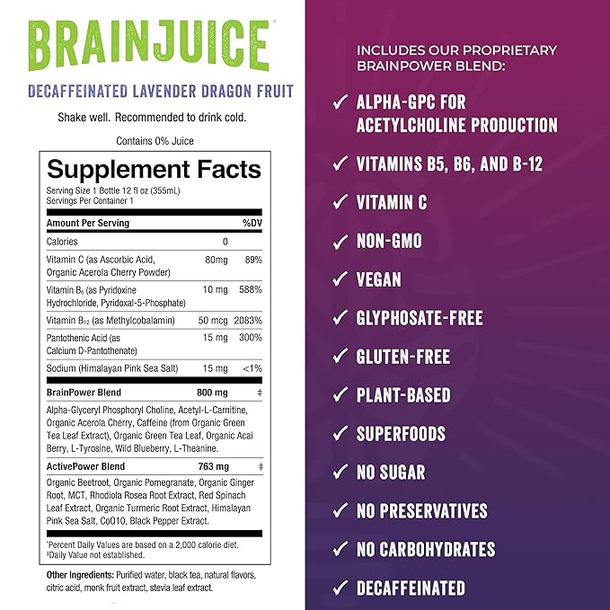 Brainjuice Brain Health Support Drink for Energy &amp Focus Vitamin C B5 B6 &amp B12 L Theanine Alpha GPC &amp Natural Caffeine From Green Tea Vegan Gluten Free Lavender Dragon Fruit 12 Oz