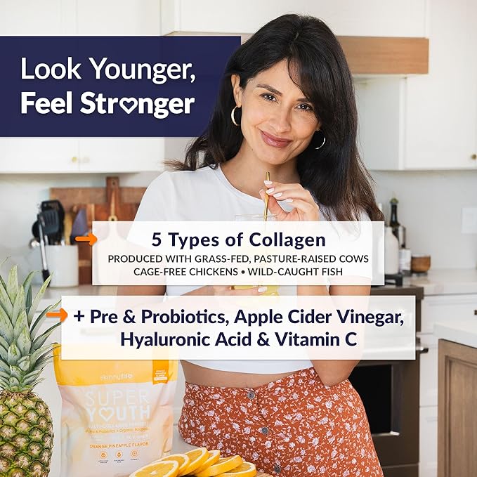 SkinnyFit - Super Youth Collagen for Women - Multi Collagen Peptides Powder - Probiotics Fiber Hyaluronic Acid - Non GMO Gluten Free Sugar Free - Beauty - Orange Pineapple (28 Servings)