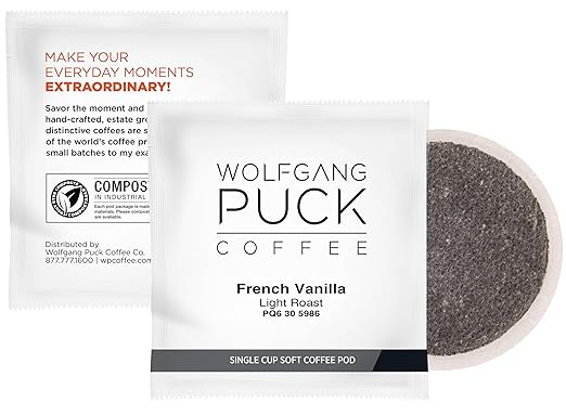 Wolfgang Puck Coffee French Vanilla Light Roast 9.5 Gram Soft Pods 18 Count (Pack of 6)