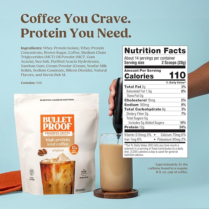 Bulletproof Iced Protein Coffee Original 12g Whey Protein + MCT Oil 170mg Caffeine Instant Coffee from Real Beans Tested for Toxins No Artificial Flavors &amp Sweeteners 14 Servings