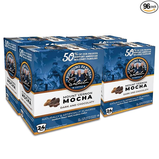 Founding Fathers Coffee Single Serve Pods for Keurig 2.0 K-Cup Brewers Mount Vernon Mocha Flavor Arabica Coffee 96 Count (four 24ct boxes in case unit)