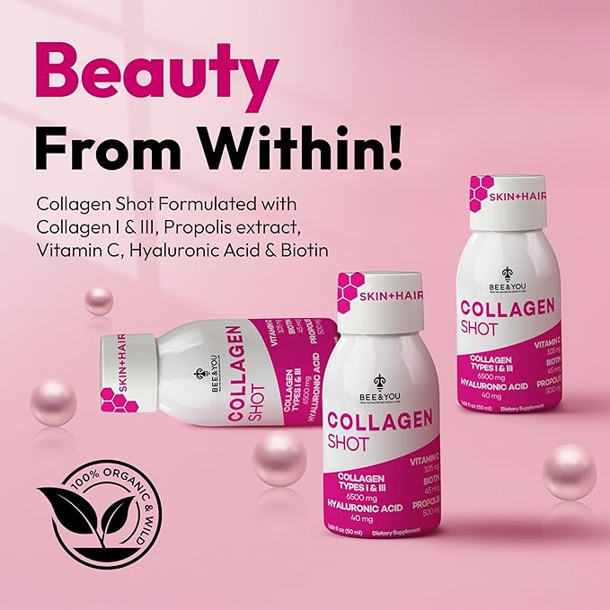 Bee and You Collagen Liquid Shot Drink with Vitamin C Propolis Extract Hyaluronic Acid Biotin Promotes Skin Hair Nail and Joint Health 1.69 fl. Oz x 12 Pack