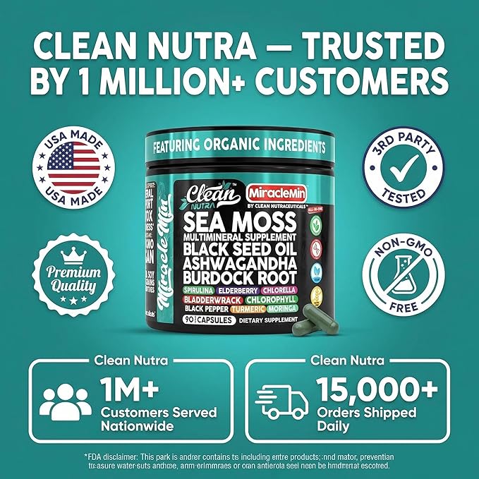 Clean Nutra Organic Sea Moss Capsules with Ashwagandha Black Seed Oil Burdock Root Bladderwrack Moringa Chlorella Spirulina Turmeric Elderberry Amla – 90 Vegan Capsules – MiracleMin