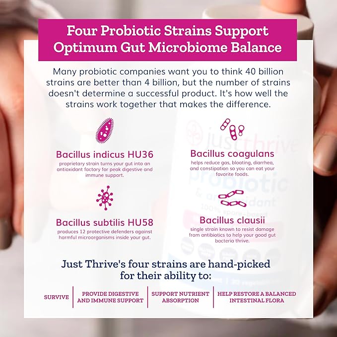 Just Thrive Probiotic &amp Antioxidant Supplement - 100% Spore-Based Digestive and Immune Support - Gluten Free 30 Caps
