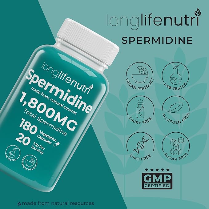 LongLifeNutri Spermidine 20mg Supports Cellular Health &amp Brain Function - 180 Count 2 Serving Size Vegan Capsules Wheat Germ Extract Naturally Support Wellness Lab Tested Crafted in USA