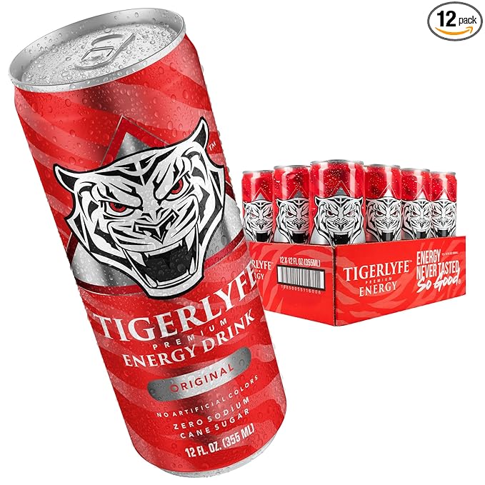 TIGERLYFE Energy Drink 12 Pack 12oz Slim Cans Energy Drinks Bulk with 24g Cane Sugar 110 Calories Energy Drink for Energy &amp Focus Zero Calorie Energy Drinks with Vitamin B &amp Potassium Ene