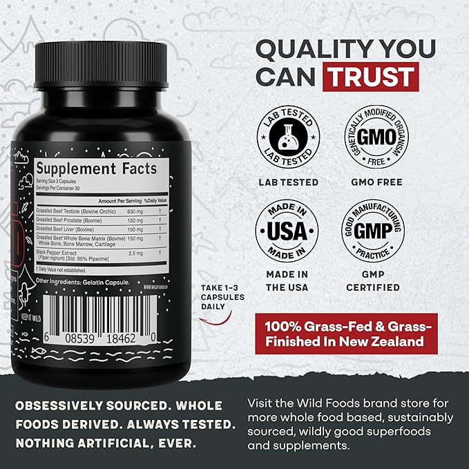 Wild Grass Fed Beef Organ Supplement for Men - Complete Ancestral Nutrition Complex with Beef Liver Testicle Prostate &amp Bone Matrix - Organ Meat Supplements - 30 Day Supply