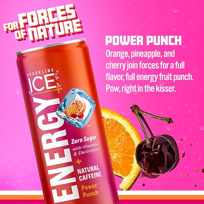 Sparkling Ice +ENERGY Maximum Mango Sparkling Water 12 fl oz Cans (Pack of 12) &amp Sparkling Ice +ENERGY Power Punch Sparkling Water with Vitamins &amp Electrolytes Zero Sugar 12 fl oz Cans (Pack