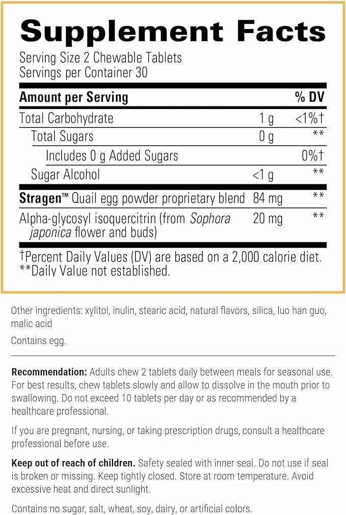 Integrative Therapeutics AllQlear - Seasonal Supplement for Immune Support *- Quail Egg Powder Blend - Dairy-Free - Berry Flavored 60 Chewable Tablets (30 Servings)
